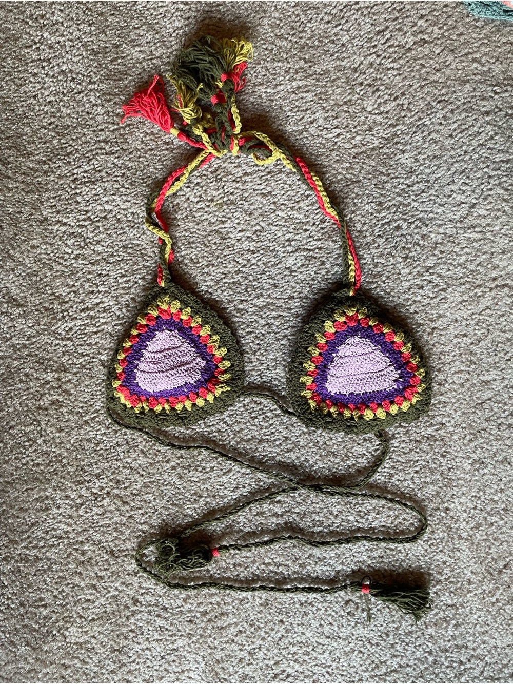 Handmade Olive Green Crochet Triangle Bikini Top with Purple Accent